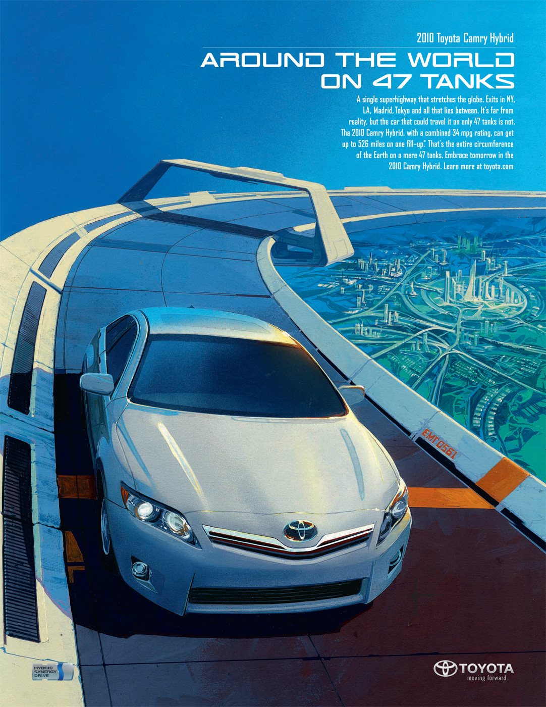 Toyota Camry Hybrid (2010): Around the world on 47 tanks - Illustration by Syd Mead