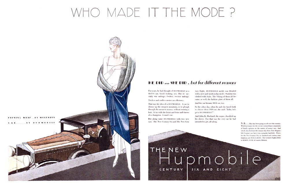 Hupmobile Advertising Art by Bernard Boutet de Monvel (January, 1929): Who Made It The Mode? Evening Wrap by Molyneux... Car by Hupmobile