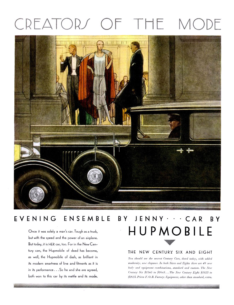 Hupmobile Advertising Art by Bernard Boutet de Monvel (February-March, 1929): Creators of the Mode - Evening Ensemble by Jenny... Car by Hupmobile