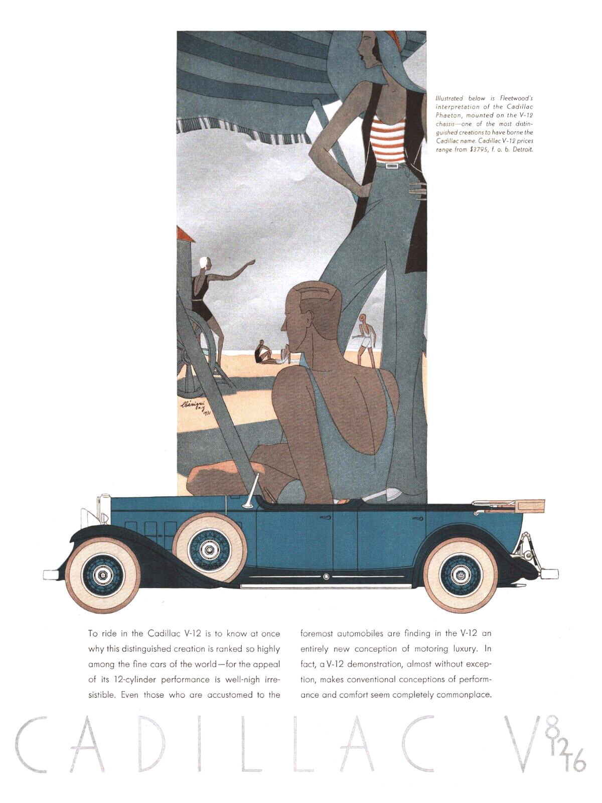 Cadillac V-12 Ad (August, 1931): Phaeton by Fleetwood - Illustrated by Leon Benigni