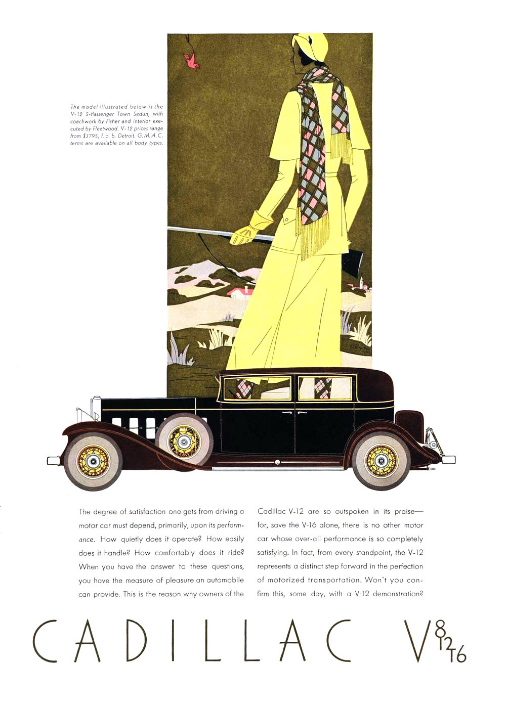 Cadillac V-12 Ad (1931): Five-Passenger Town Sedan, with coachwork by Fisher and interior executed by Fleetwood - Illustrated by Leon Benigni