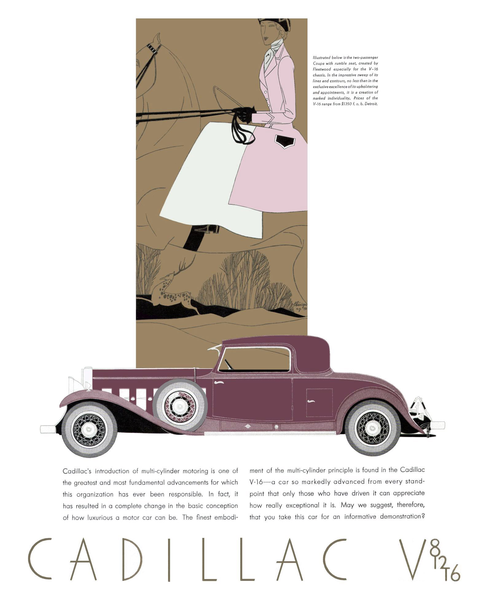 Cadillac V-16 Ad (June, 1931): Two-Passenger Coupe, with coachwork by Fleetwood - Illustrated by Leon Benigni