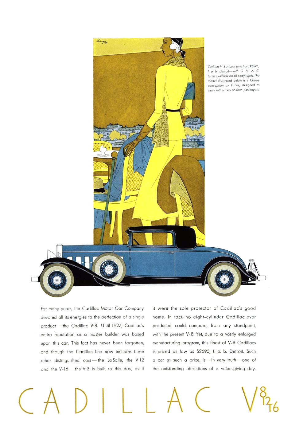 Cadillac V-8 Ad (1931): Coupe, with coachwork by Fisher - Illustrated by Leon Benigni