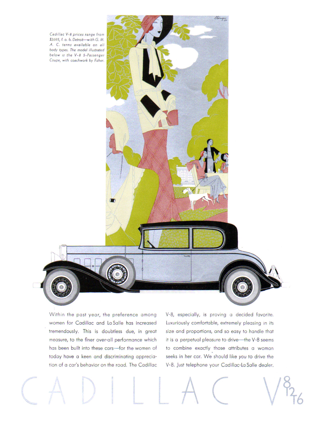 Cadillac V-8 Ad (October-November, 1931): Five-Passenger Coupe, with coachwork by Fisher - Illustrated by Leon Benigni