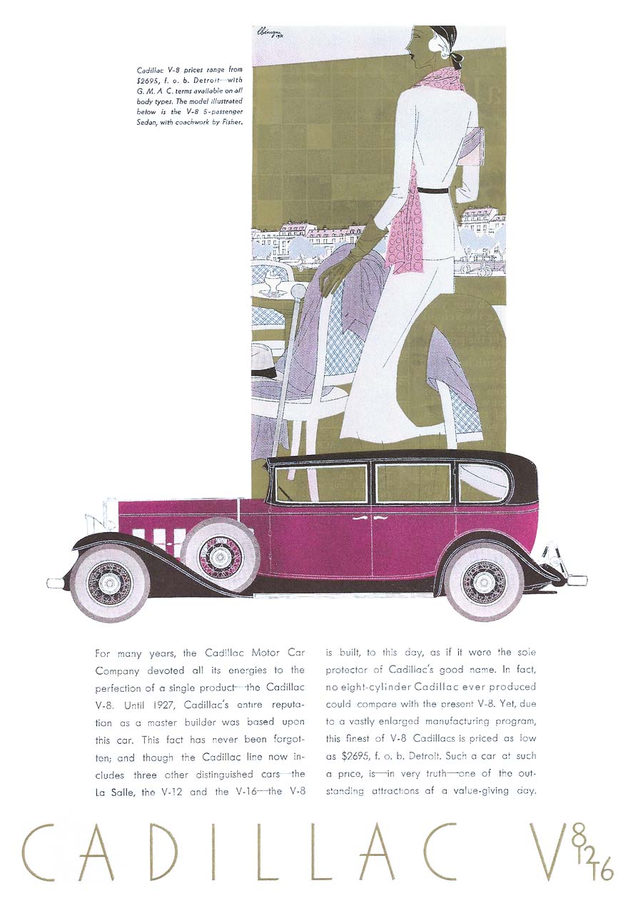 Cadillac V-8 Ad (1931): Five-Passenger Sedan, with coachwork by Fisher - Illustrated by Leon Benigni