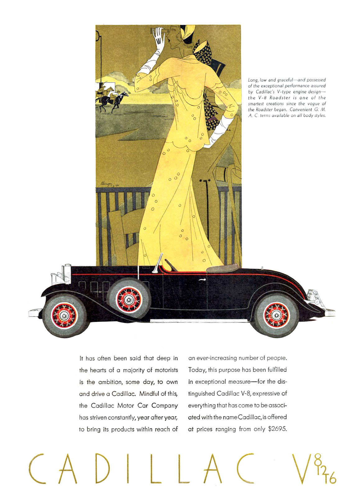 Cadillac V-8 Ad (August, 1931): Roadster - Illustrated by Leon Benigni