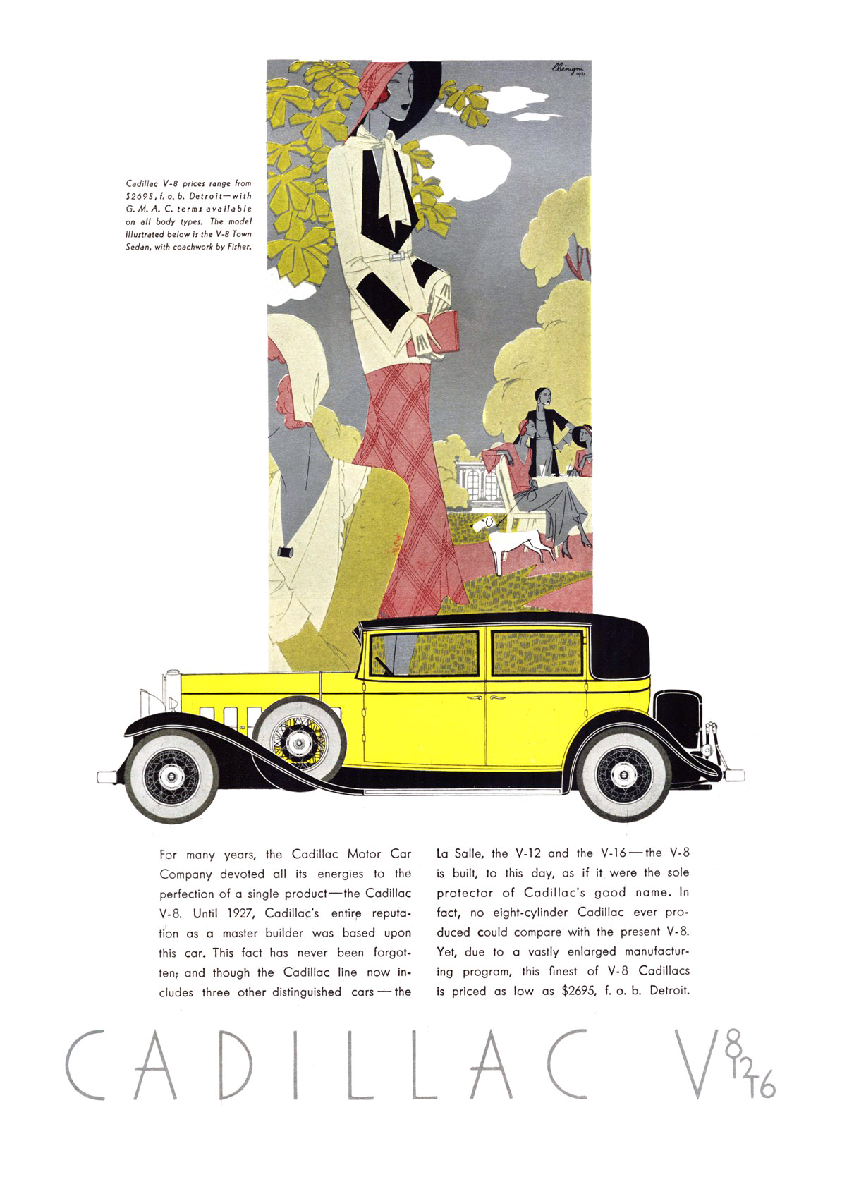 Cadillac V-8 Ad (October, 1931): Town Sedan, with coachwork by Fisher - Illustrated by Leon Benigni