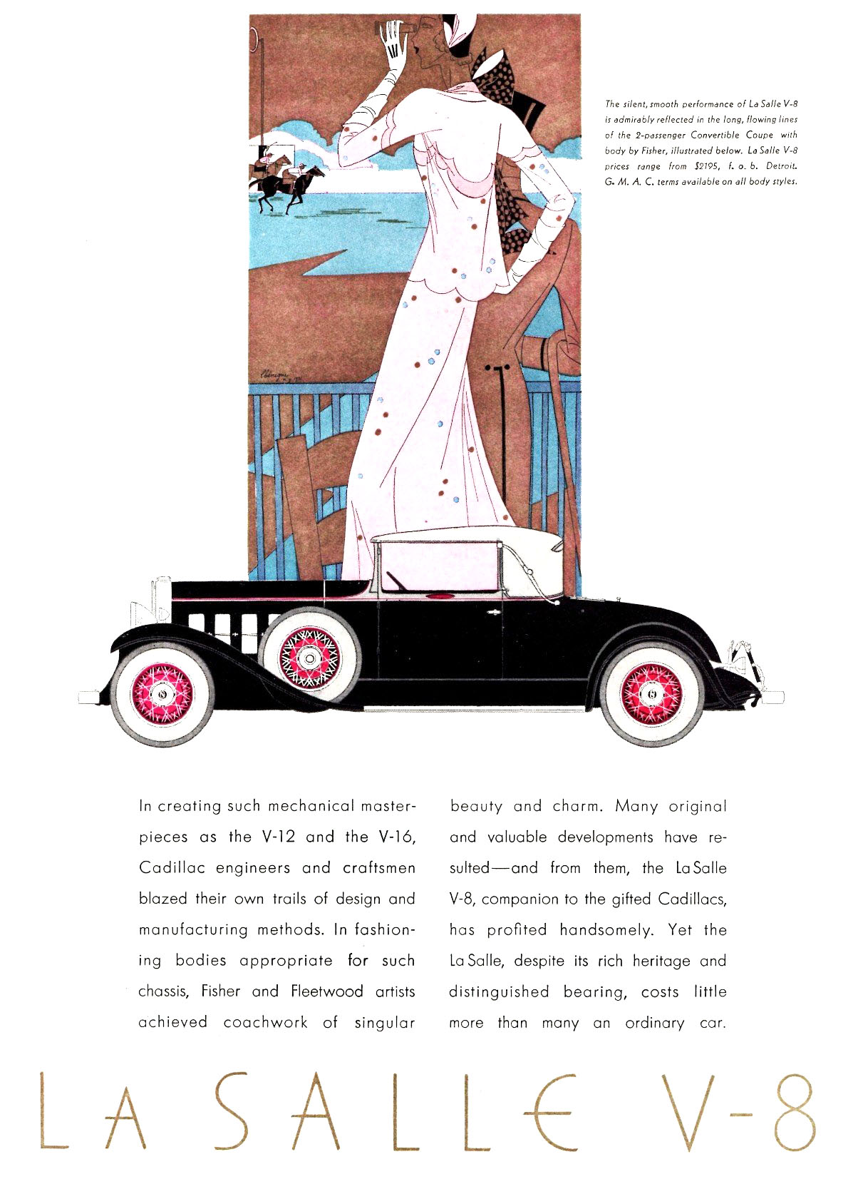 LaSalle V-8 Ad (1931): Two-Passenger Convertible Coupe, with coachwork by Fisher - Illustrated by Leon Benigni