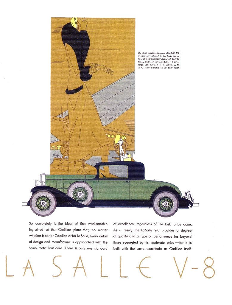 LaSalle V-8 Ad (1931): Two-Passenger Coupe, with coachwork by Fisher - Illustrated by Leon Benigni