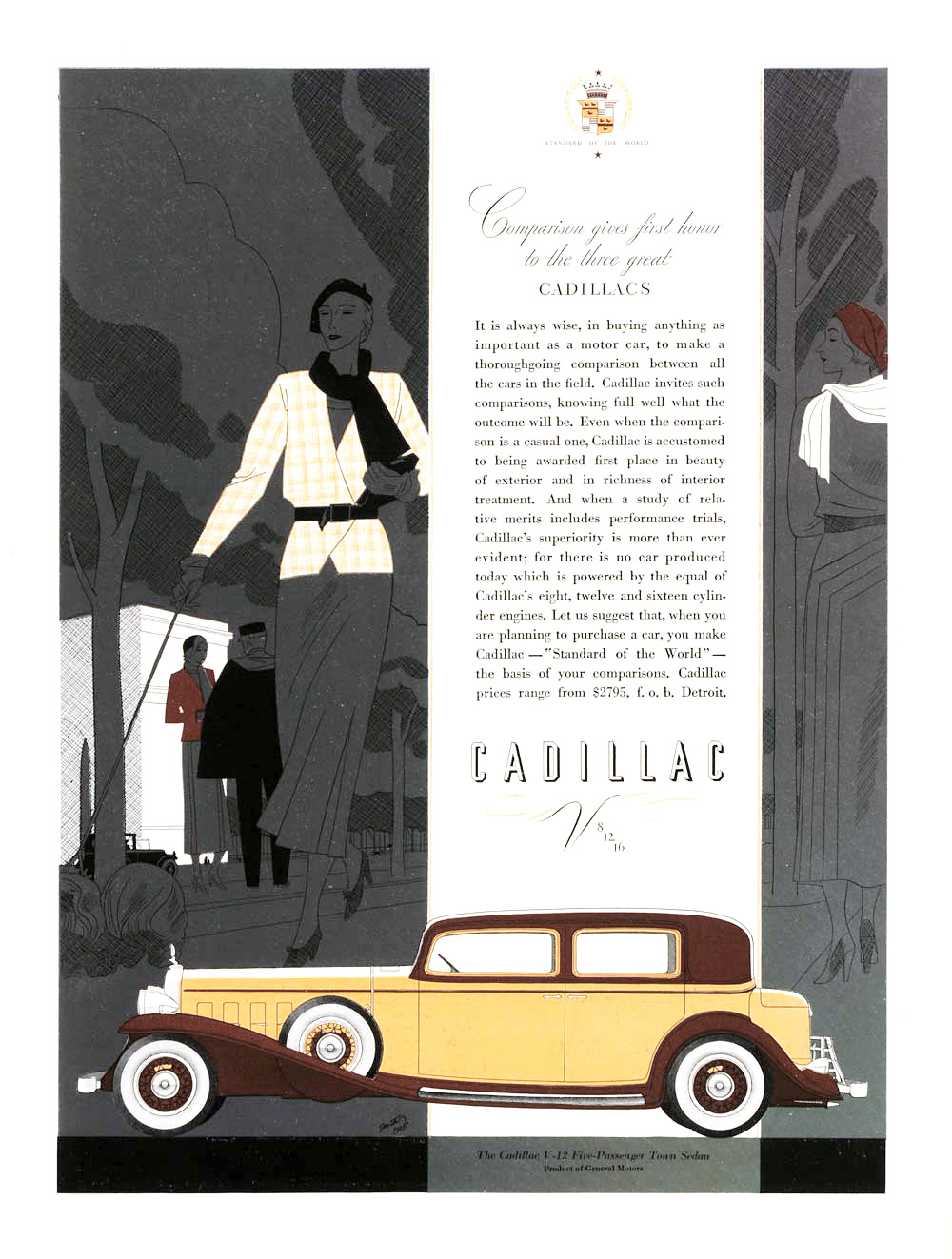 Cadillac V-12 Ad (October, 1932): Five-Passenger Town Sedan - Illustrated by Robert Fawcett