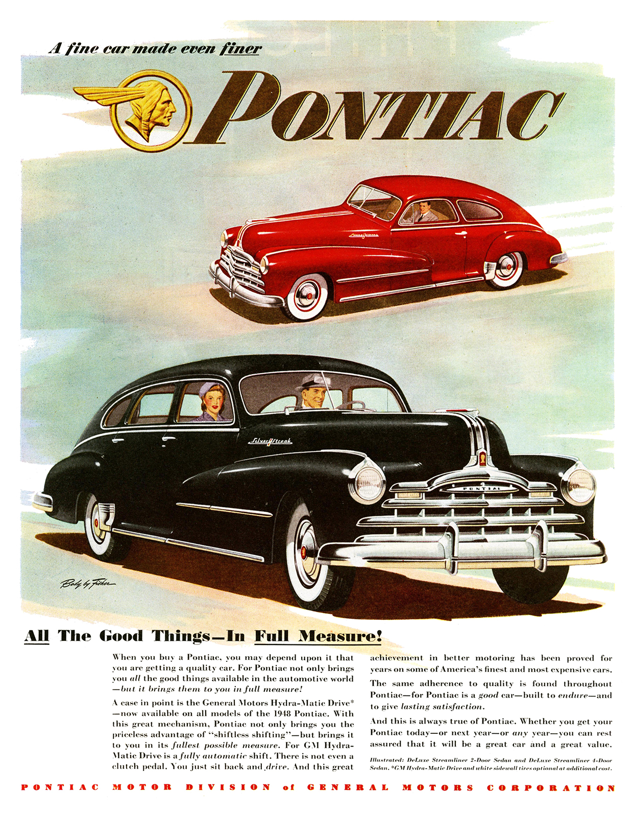 Pontiac DeLuxe Streamliner 2-door/4-door Sedan Ad (November, 1948): All The Good Things — In Full Measure!