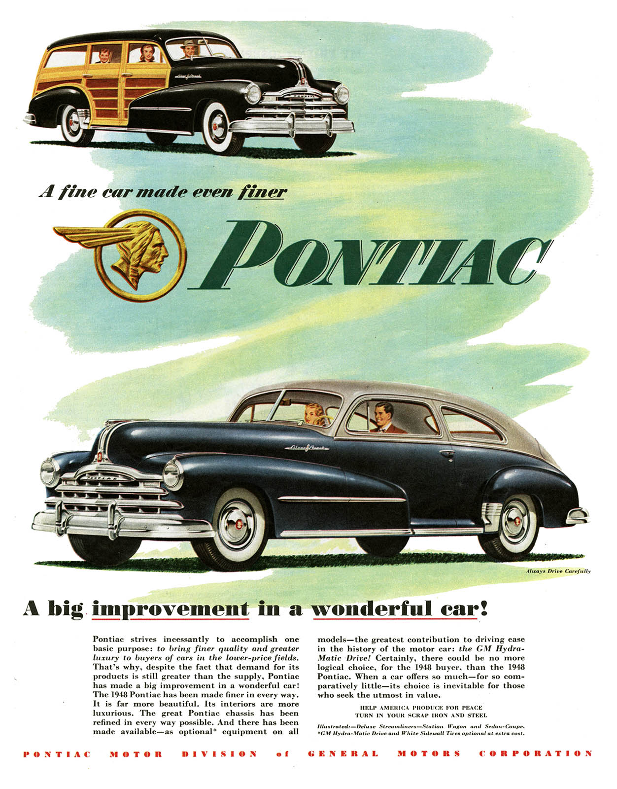 Pontiac DeLuxe Streamliner Sedan-Coupe/Station Wagon Ad (April, 1948): A big improvement in a wonderful car!