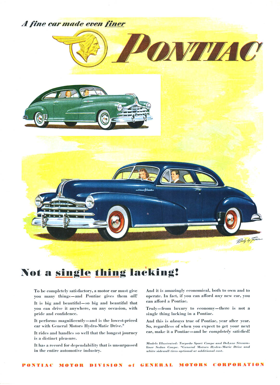 Pontiac Torpedo Sport-Coupe/DeLuxe Streamliner Sedan-Coupe Ad (1948): Not a single thing lacking!