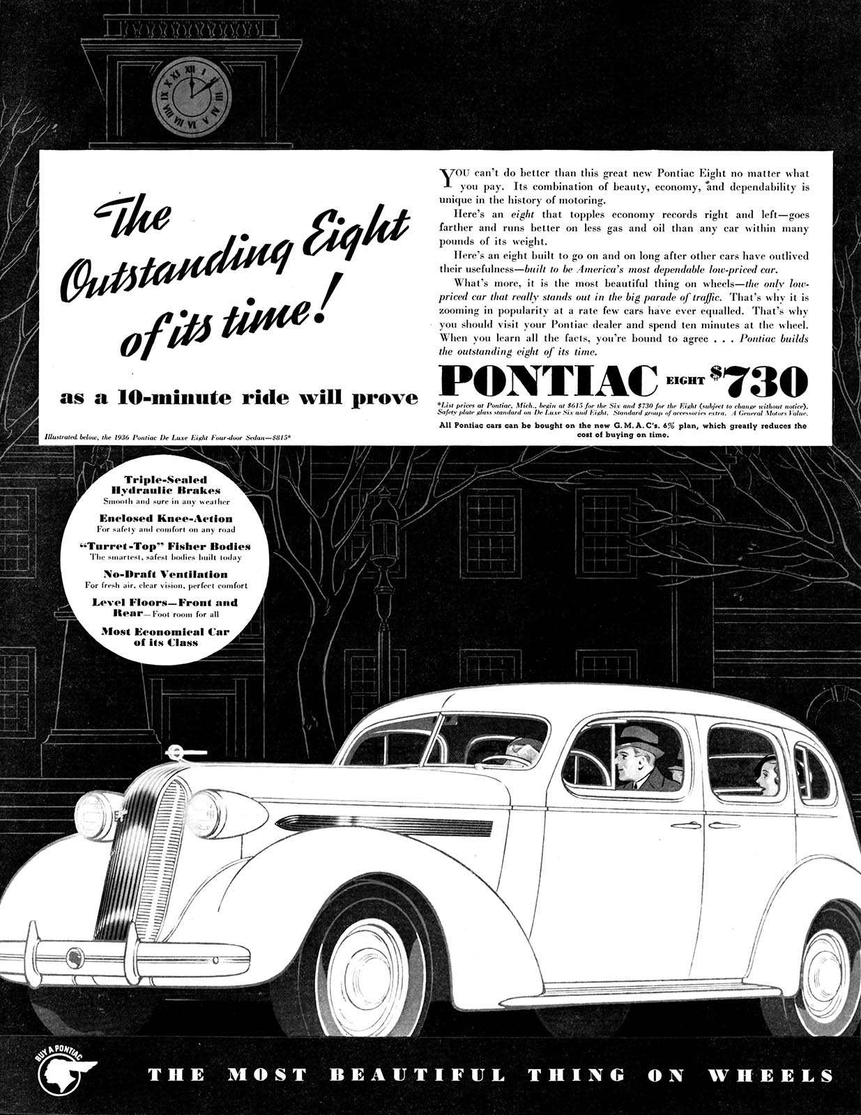 Pontiac De Luxe Eight 4-Door Sedan Ad (1936): The Outstanding Eight of its time!