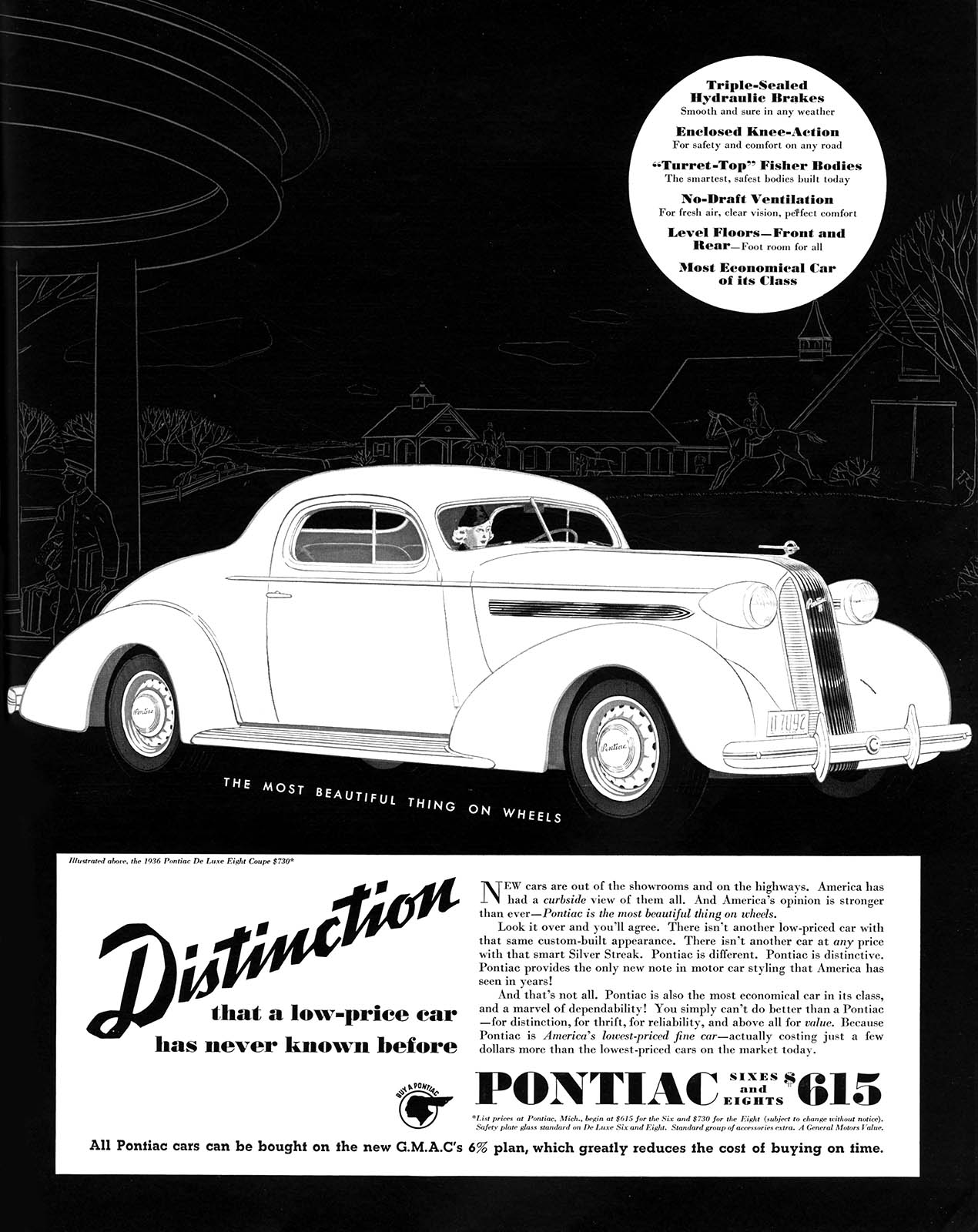 Pontiac De Luxe Eight Coupe Ad (1936): Distinction that a low-price car has never known before
