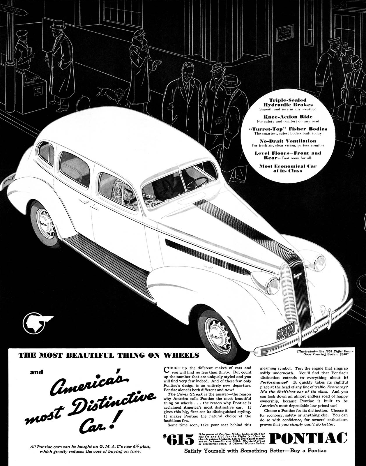 Pontiac Eight 4-Door Touring Sedan Ad (March, 1936): The Most Beautifil Thing on Wheels and Americas' most Distinctive Car!