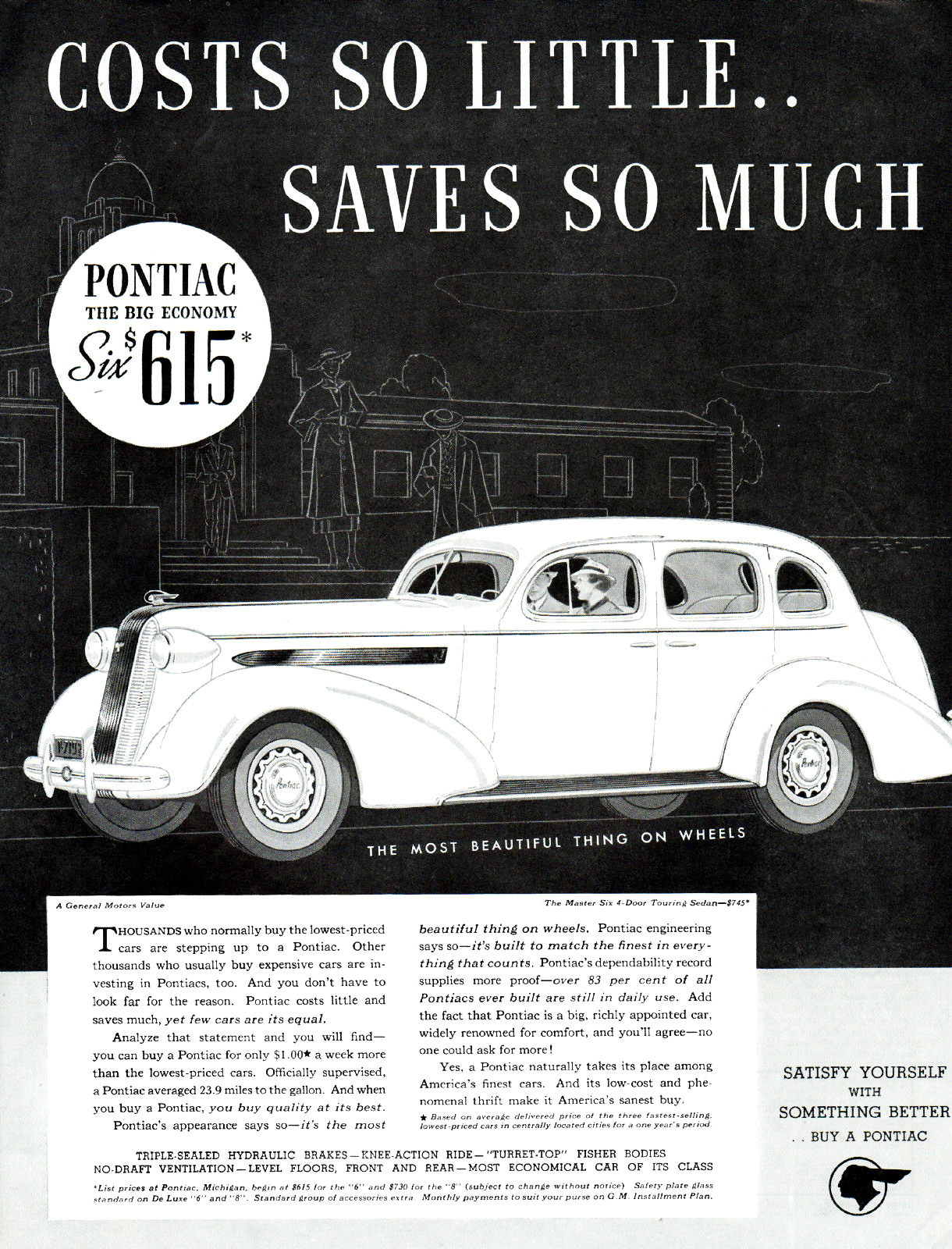 Pontiac Master Six 4-Door Touring Sedan Ad (May, 1936): Costs So Little... Save So Much