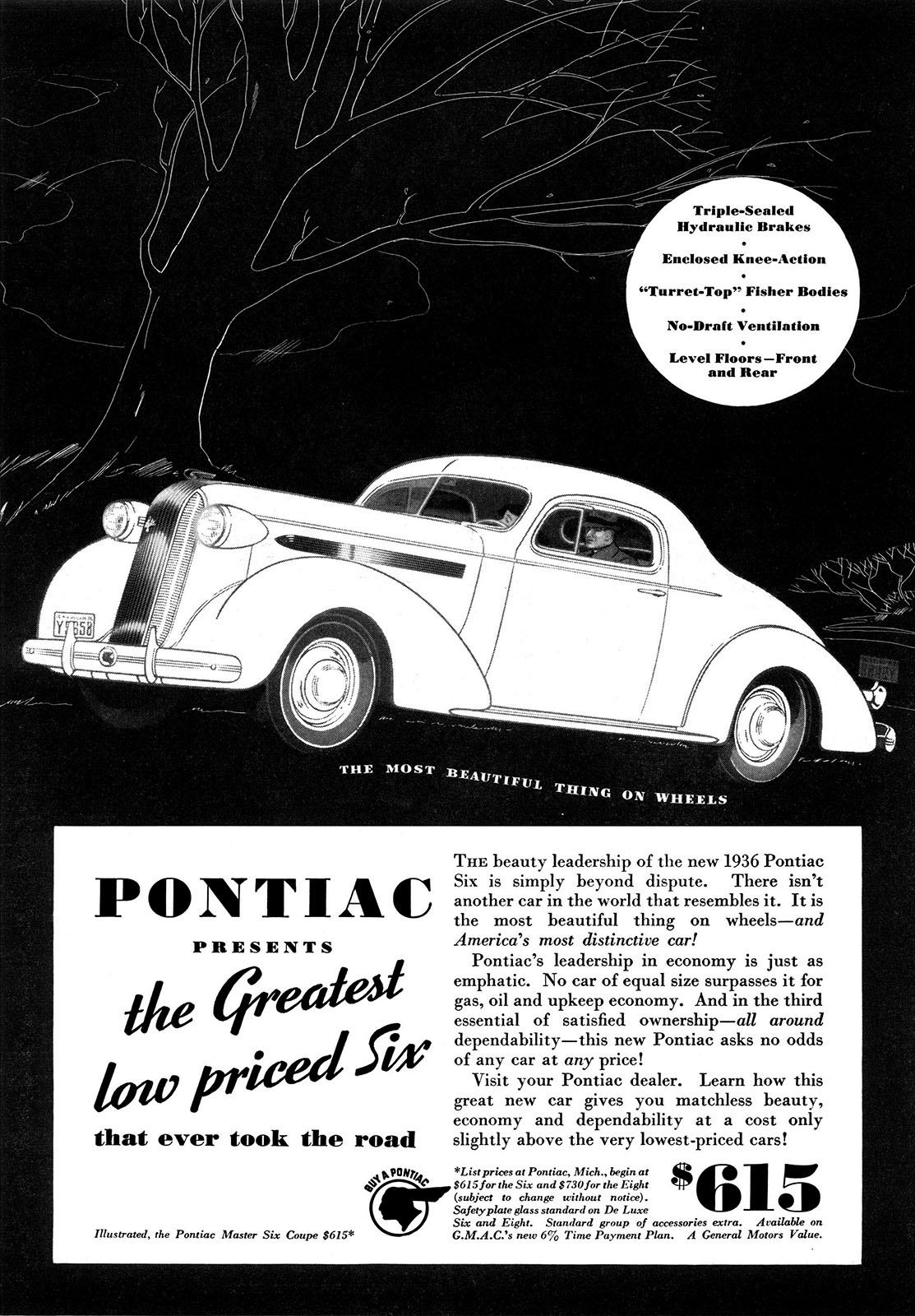 Pontiac Master Six Coupe Ad (December, 1935): Pontiac presents the Greatest low priced Six that ever took the road
