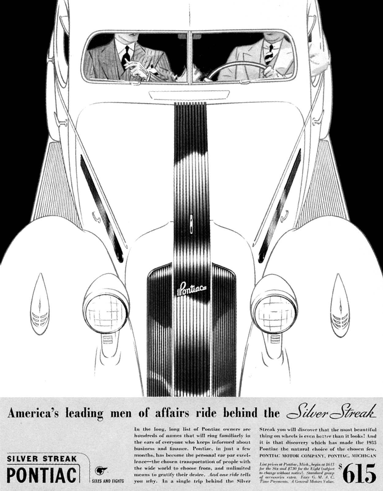 Pontiac Silver Streak Sixes and Eights Ad (1935): America's leading men of affairs ride behind the Silver Streak