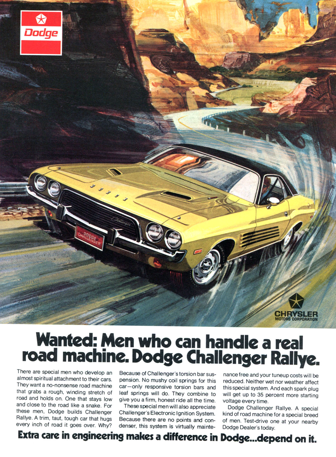 Dodge Challenger Rallye Ad (1973): Wanted: Men who can handle a real road machine