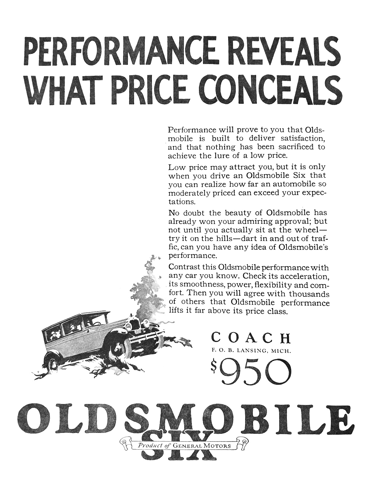 Oldsmobile Six Coach Ad (January-February, 1926): Performance reveals what price conceals