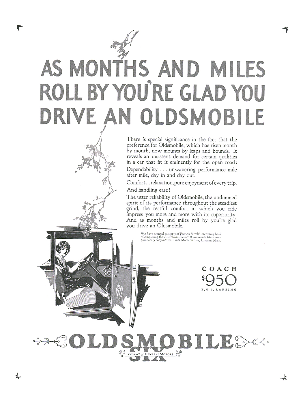 Oldsmobile Six Coach Ad (July, 1926): As months and miles roll by you're glad you drive an Oldsmobile - Illustrated by Fred Cole