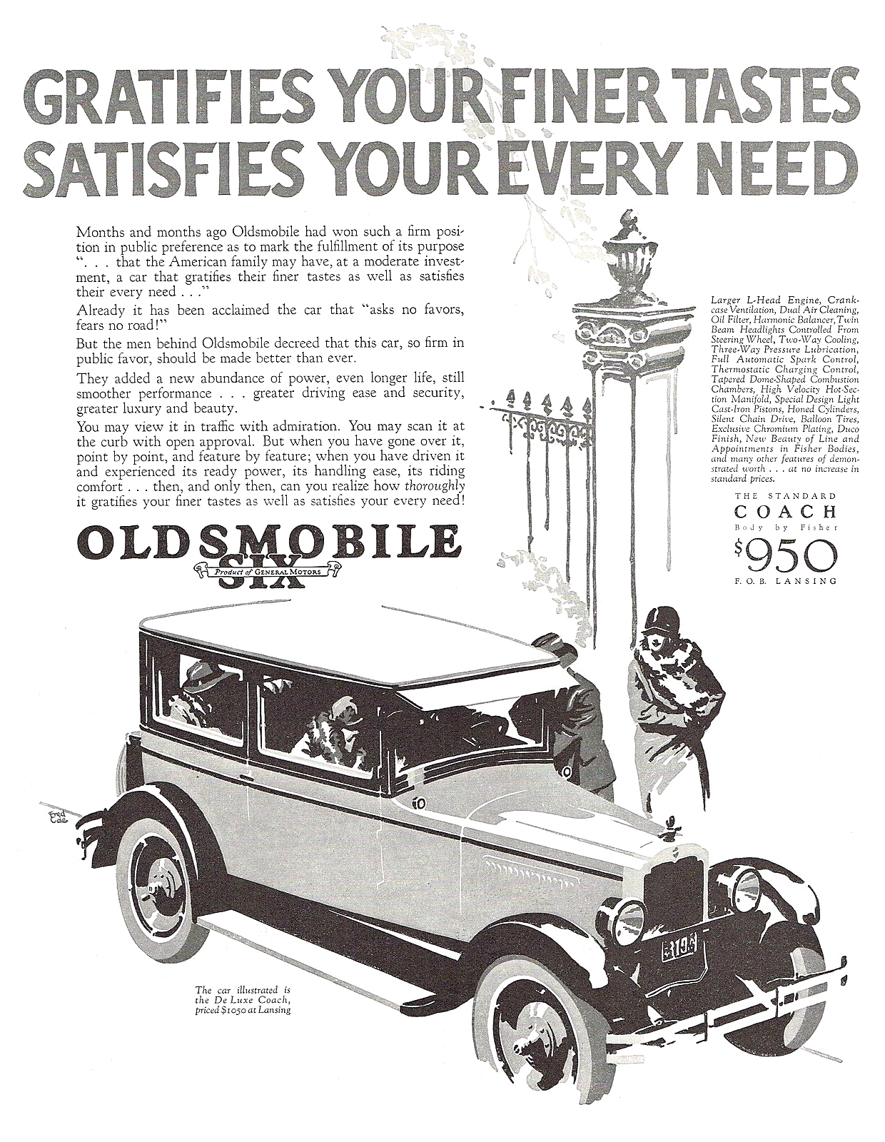 Oldsmobile Six DeLuxe Coach Ad (September-October, 1926): Gratifies your finer tastes, satisfies your every need - Illustrated by Fred Cole