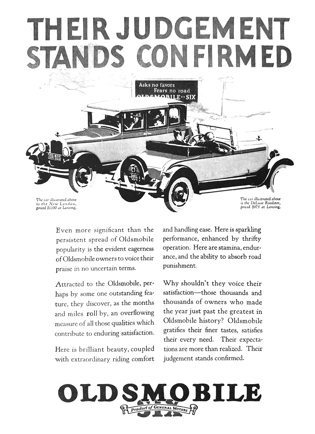 Oldsmobile Six Landau and DeLuxe Roadster Ad (October-November, 1926): Their judgement stands confirmed - Illustrated by Fred Cole