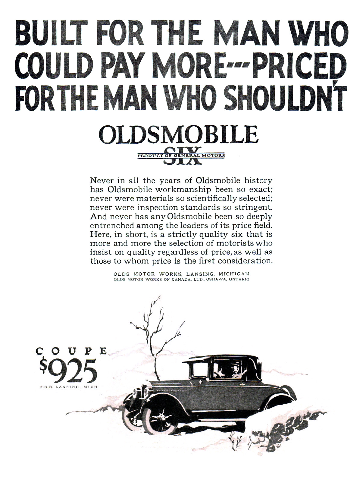Oldsmobile Six Coupe Ad (February, 1926): Built for man who could pay more, priced for the man who shouldn't