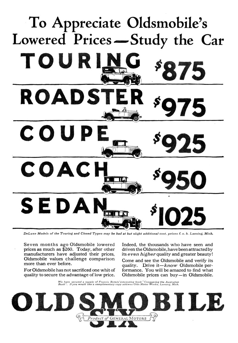 Oldsmobile Six Model Lineup Ad (March, 1926): To Appreciate Oldsmobile's Lowered Prices - Study the Car