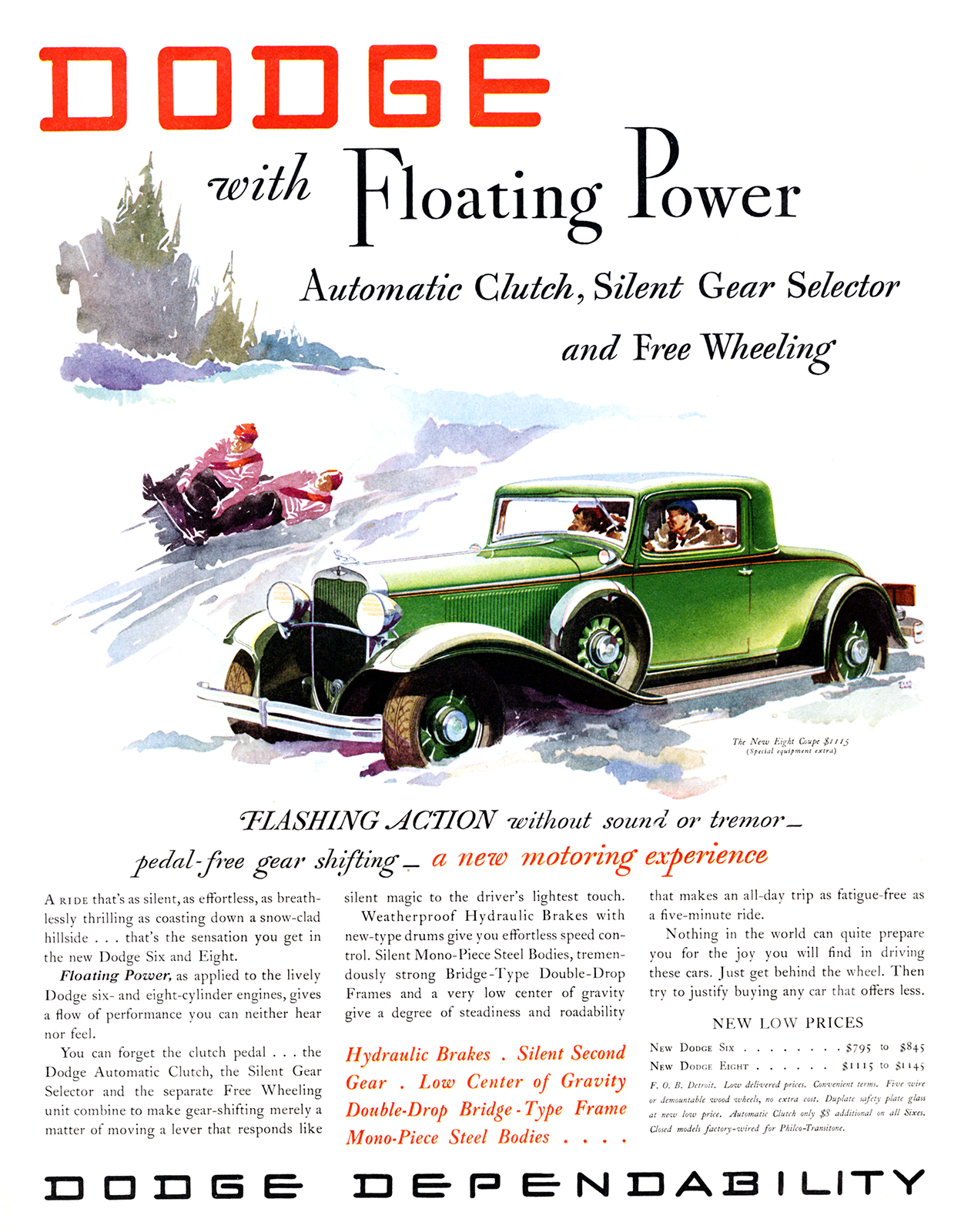 Dodge Eight Coupe Ad (February, 1932) - Illustrated by Fred Cole