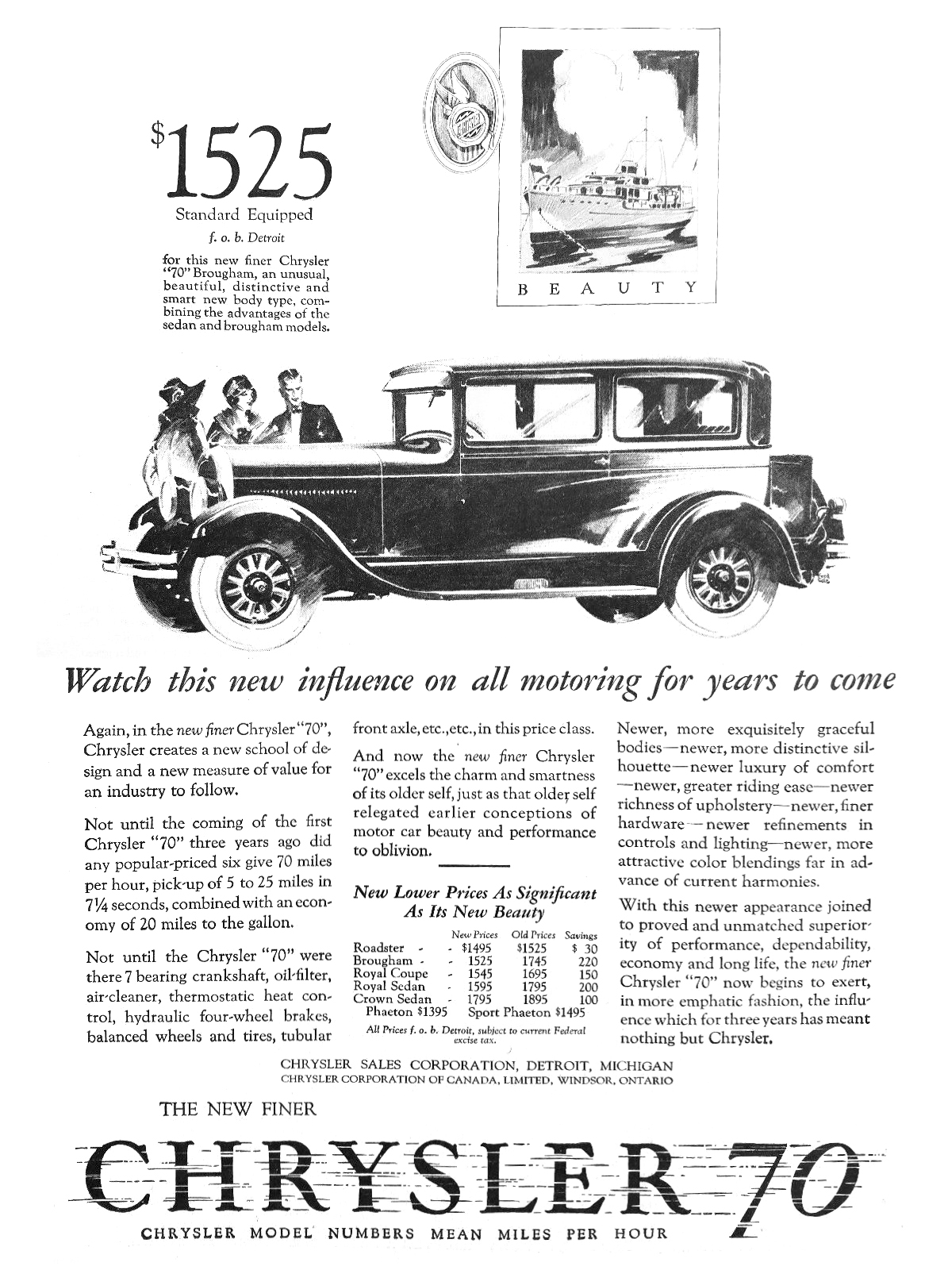 Chrysler "70" Ad (October, 1926): Beauty - Illustrated by Fred Cole