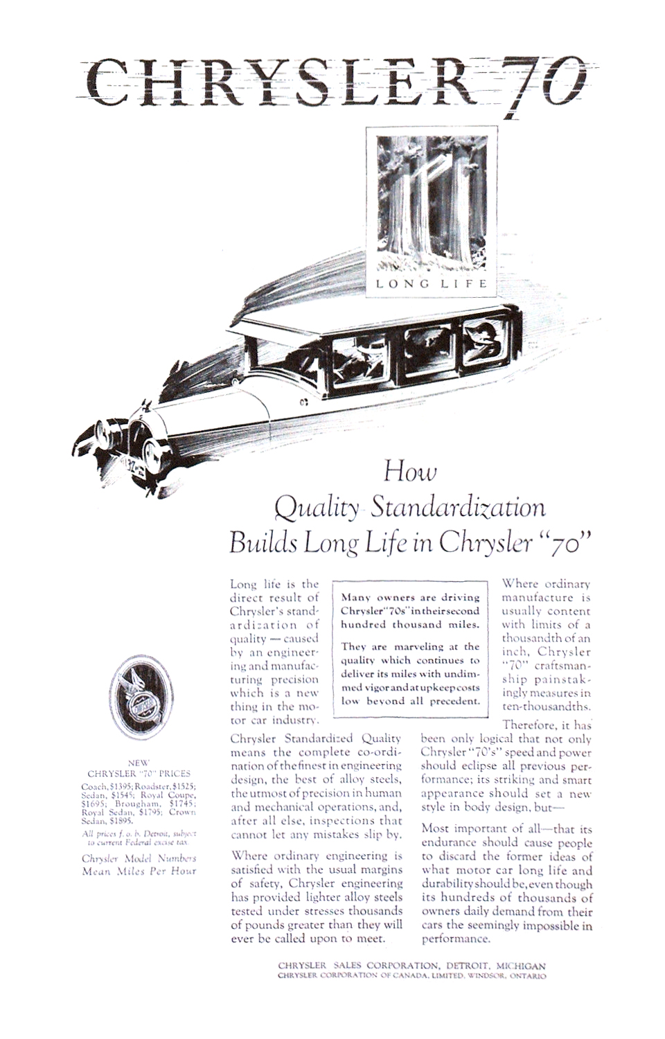 Chrysler "70" Ad (September, 1926): Long Life - Illustrated by Fred Cole