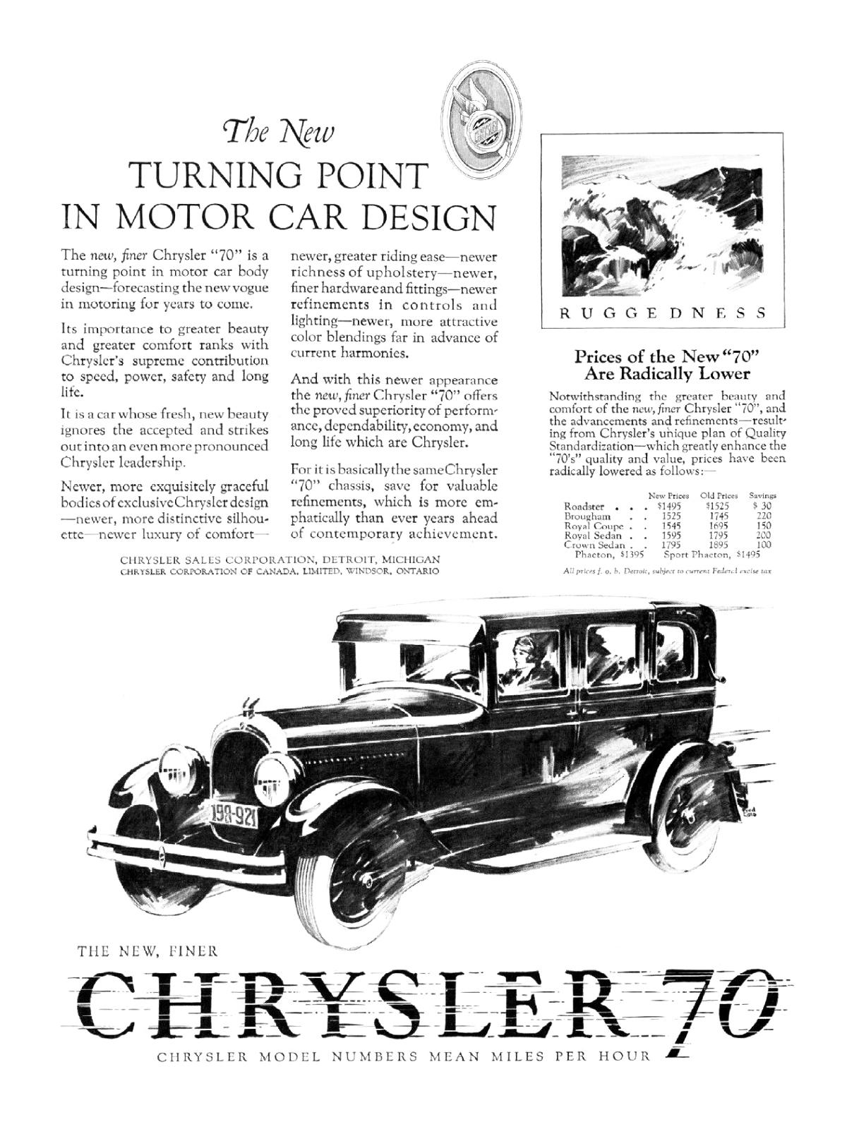 Chrysler "70" Ad (November-December, 1926): Ruggedness - Illustrated by Fred Cole
