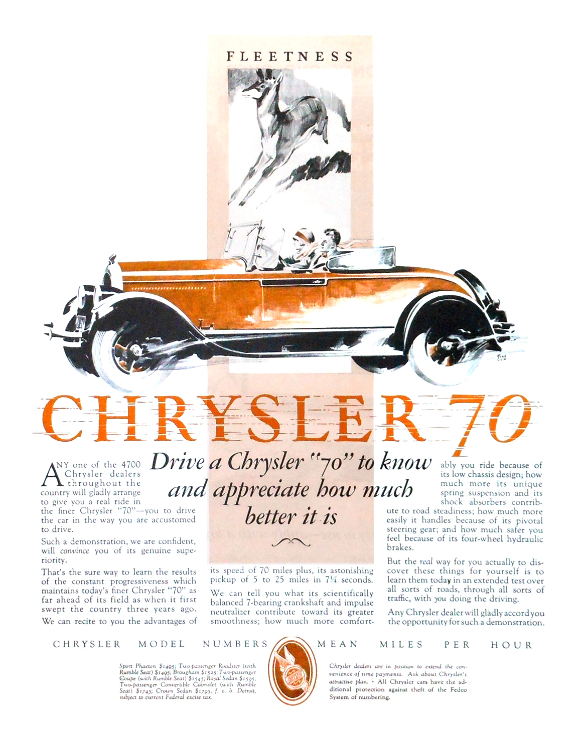 Chrysler "70" Ad (July, 1927): Fleetness - Illustrated by Fred Cole