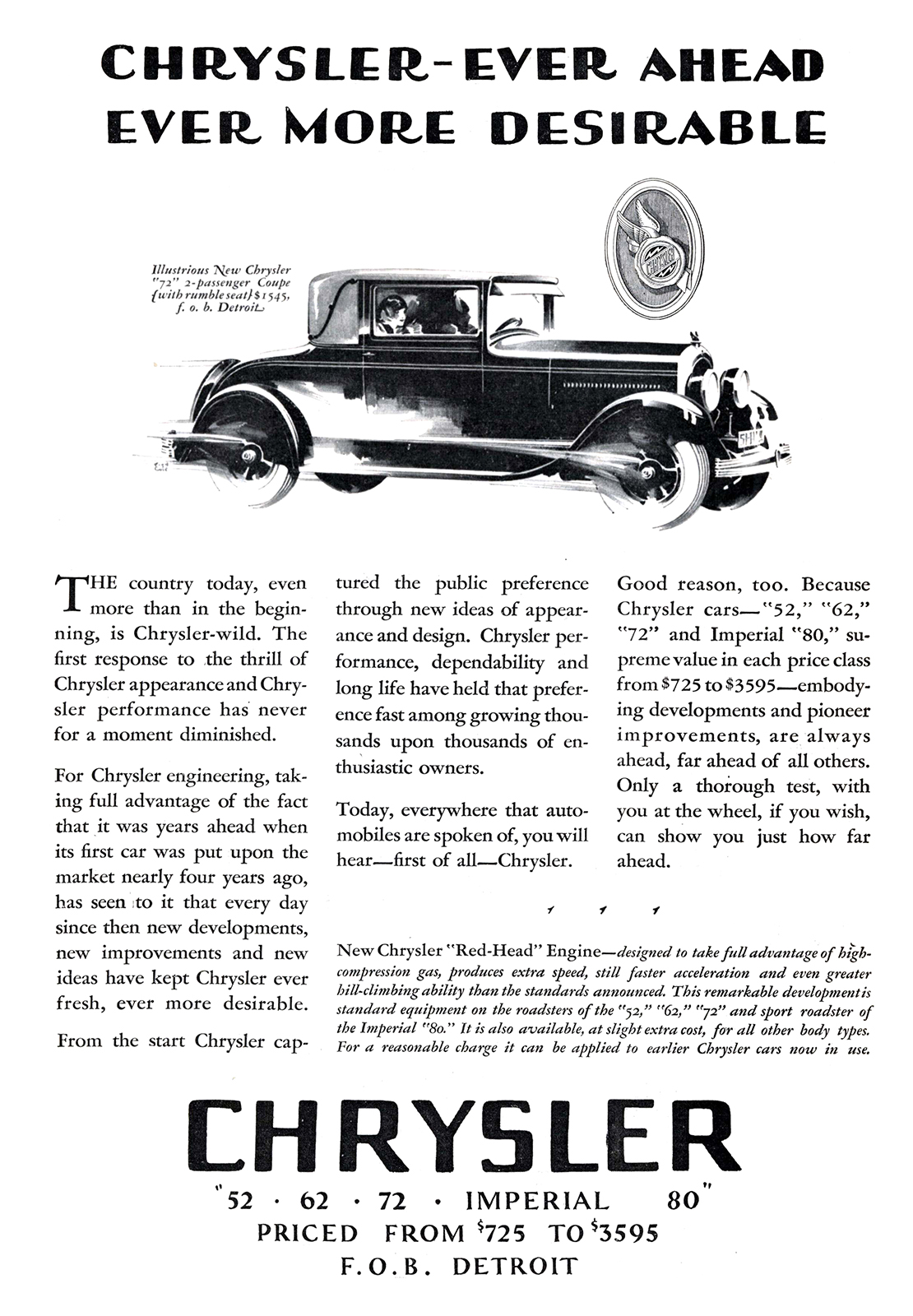 Chrysler "72" 2-Passenger Coupe Ad (November, 1927) - Illustrated by Fred Cole