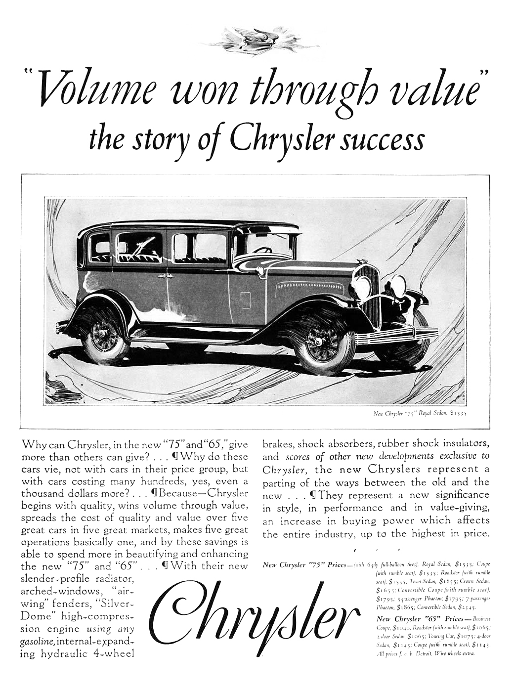 Chrysler "75" Royal Sedan Ad (November-December, 1928) - Illustrated by Fred Cole