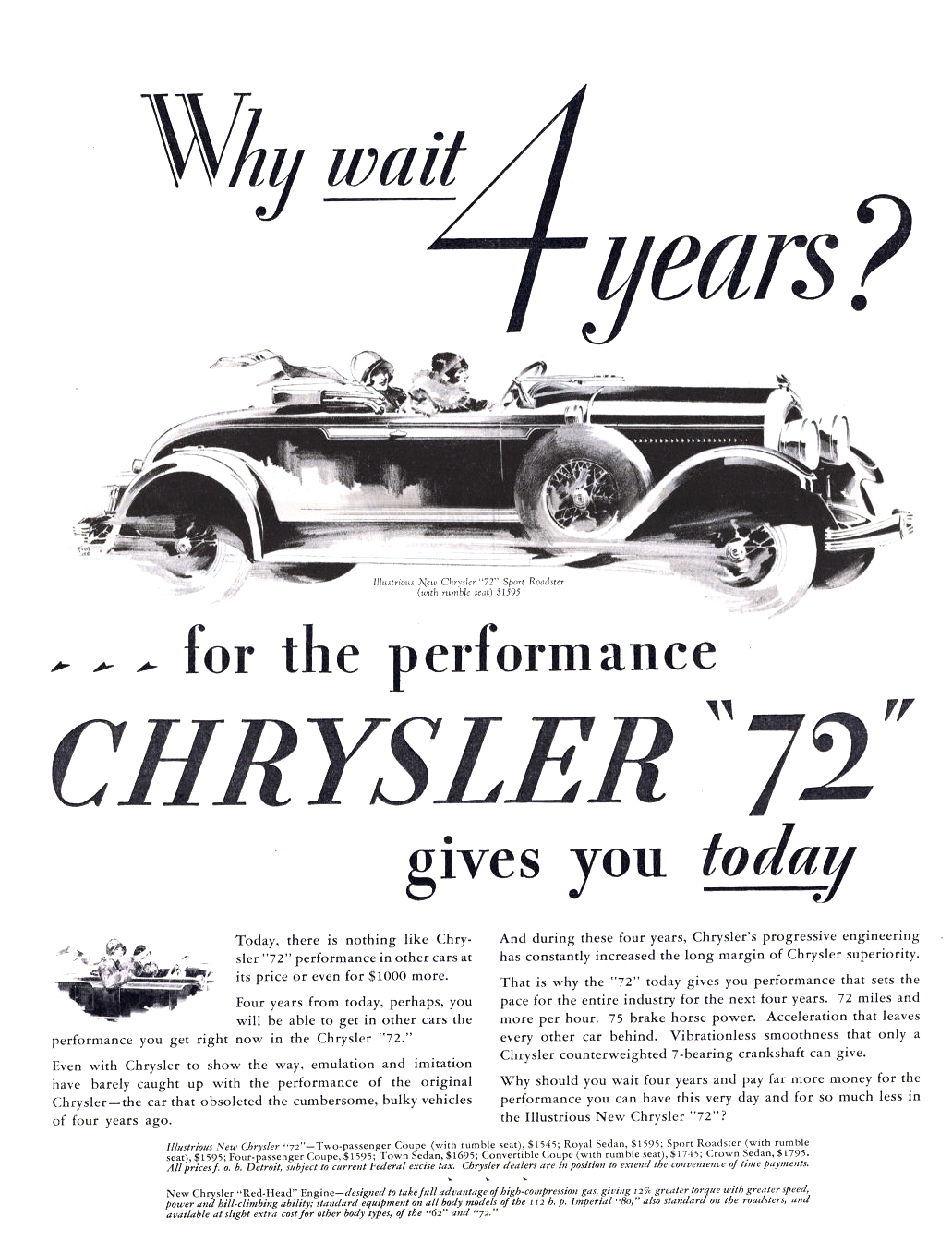 Chrysler "72" Sport Roadster Ad (April, 1928) - Illustrated by Fred Cole