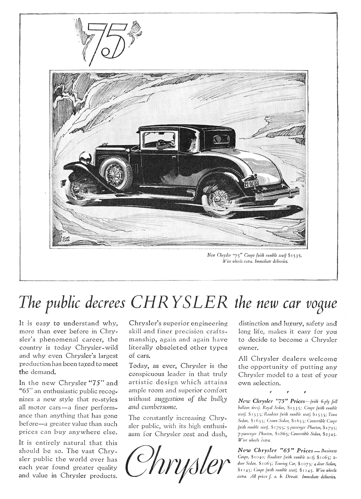 Chrysler "75" Coupe Ad (December, 1928) - Illustrated by Fred Cole