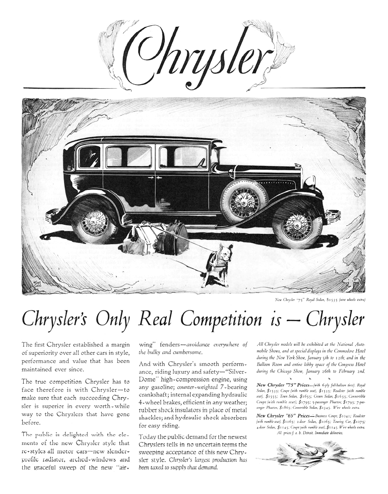 Chrysler "75" Royal Sedan Ad (December, 1928) - Illustrated by Fred Cole