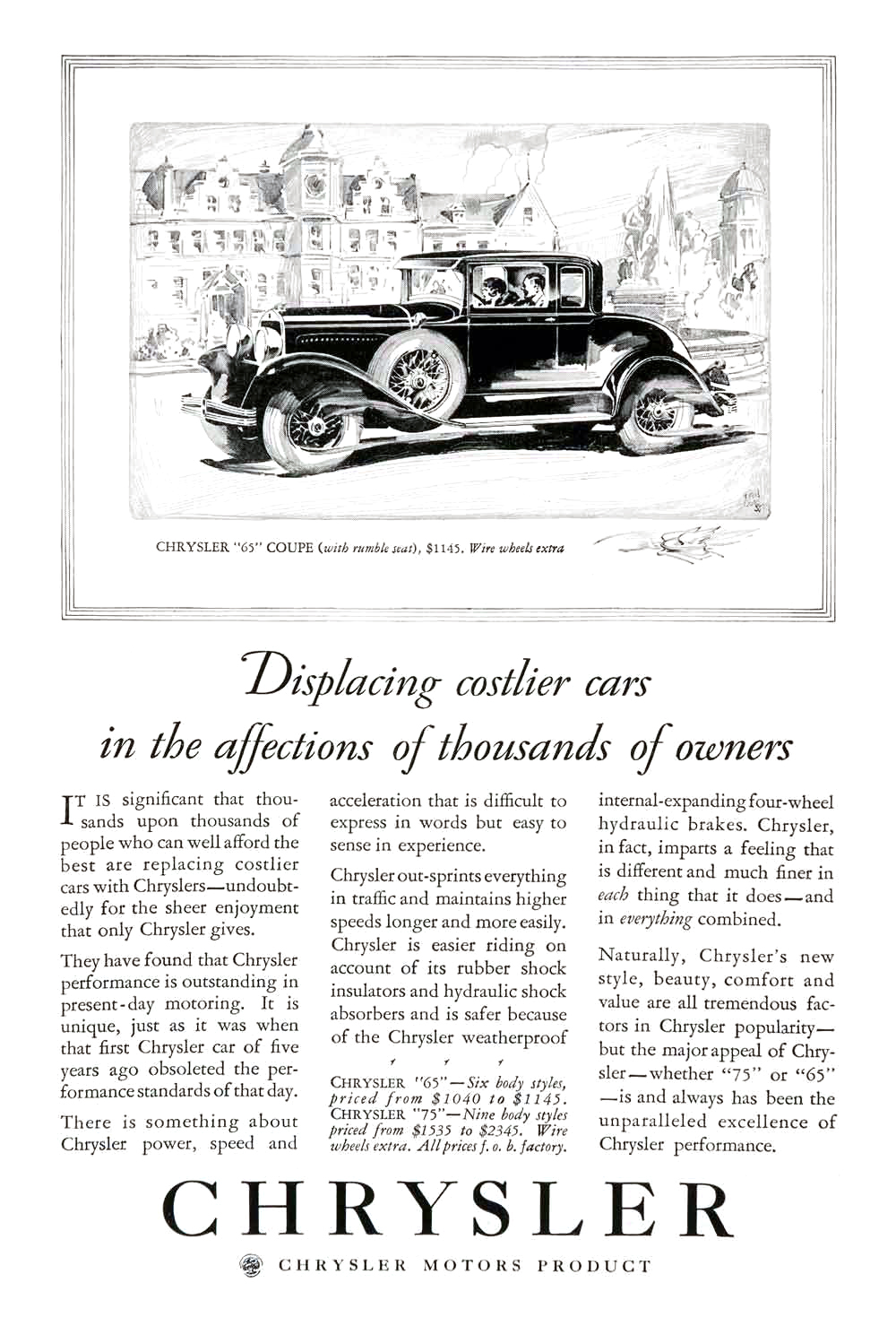 Chrysler "65" Coupe Ad (June, 1929) - Illustrated by Fred Cole