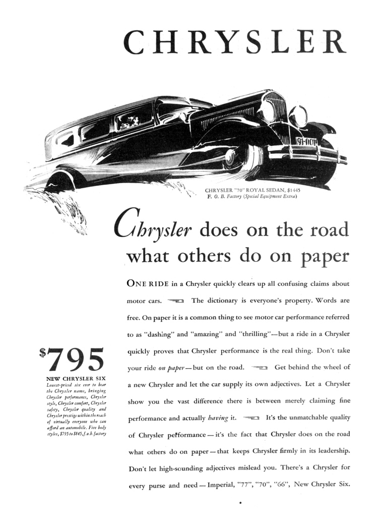 Chrysler "70" Royal Sedan Ad (May, 1930) - Illustrated by Fred Cole(?)