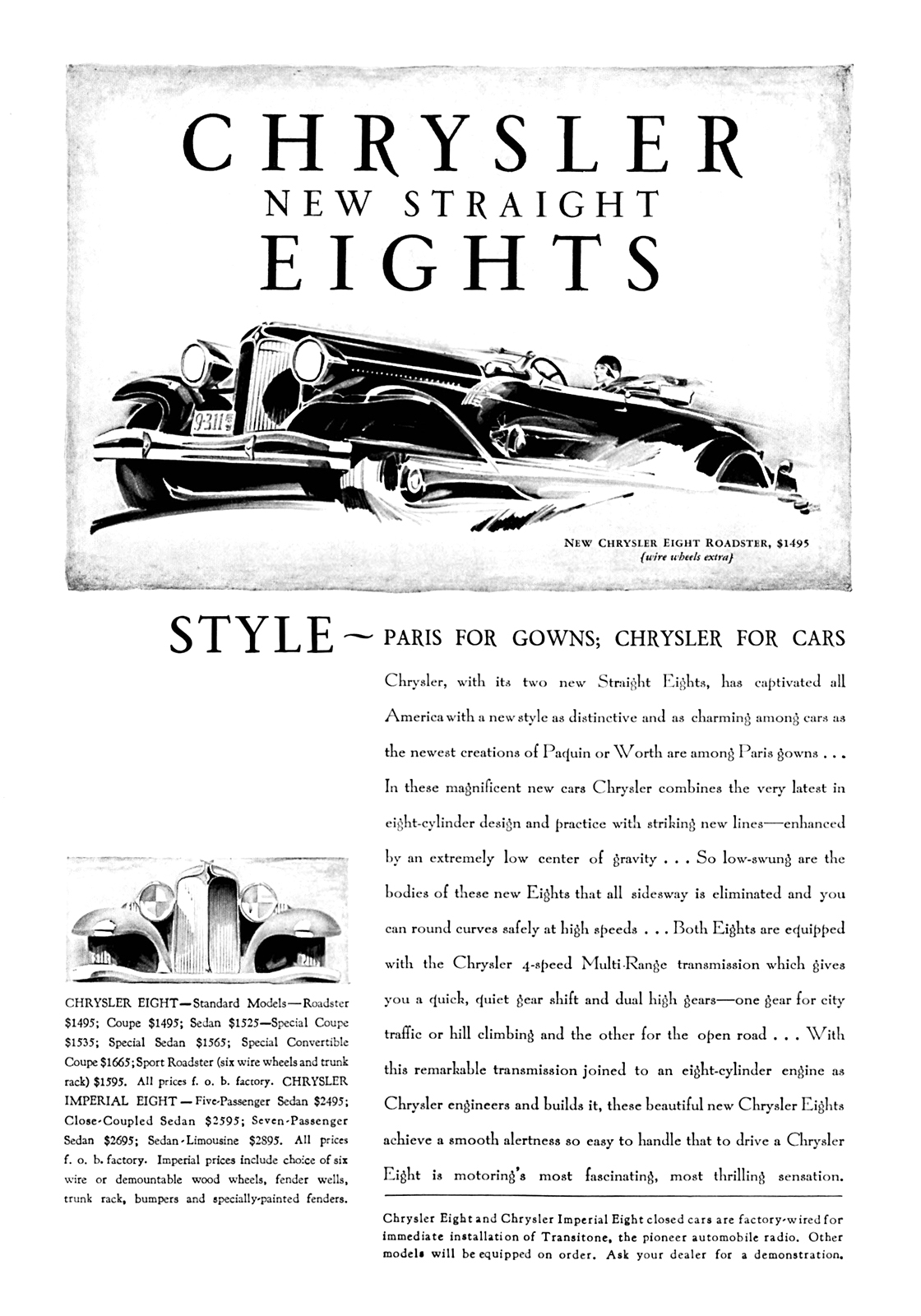 Chrysler Eight Roadster Ad (September-November, 1930) - Illustrated by Fred Cole