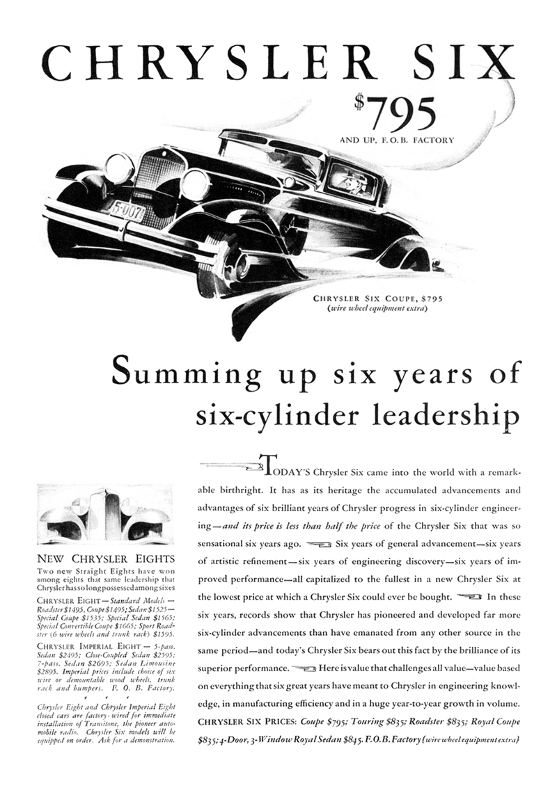 Chrysler Six Coupe Ad (November, 1930) - Illustrated by Fred Cole(?)
