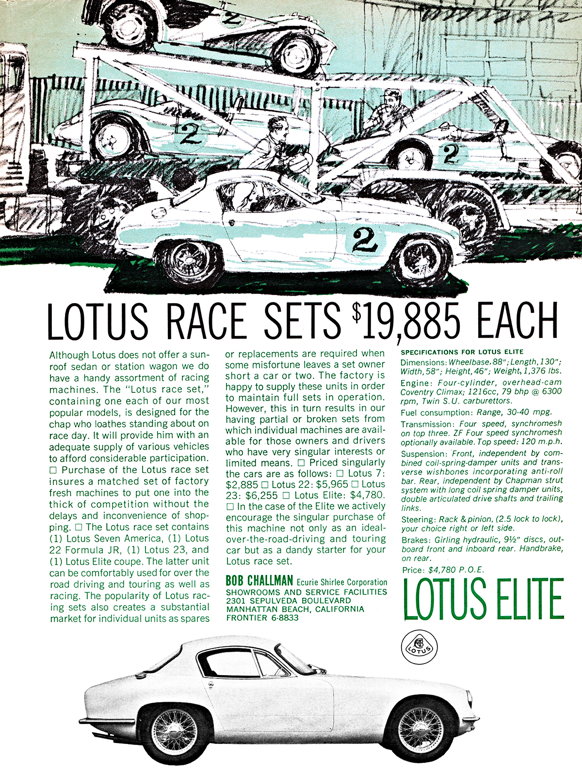 Lotus Elite Coupe Ad (1963) - Lotus Race Sets $19,885 Each