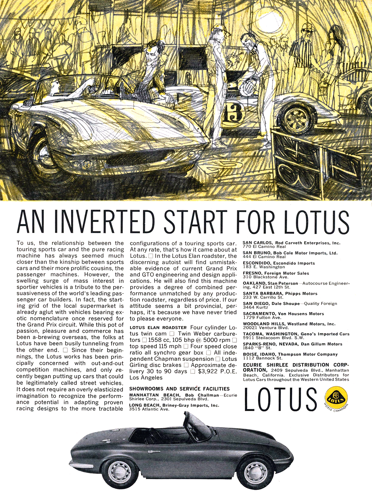 Lotus Elan Roadster Ad (July, 1964) - An inverted start for Lotus