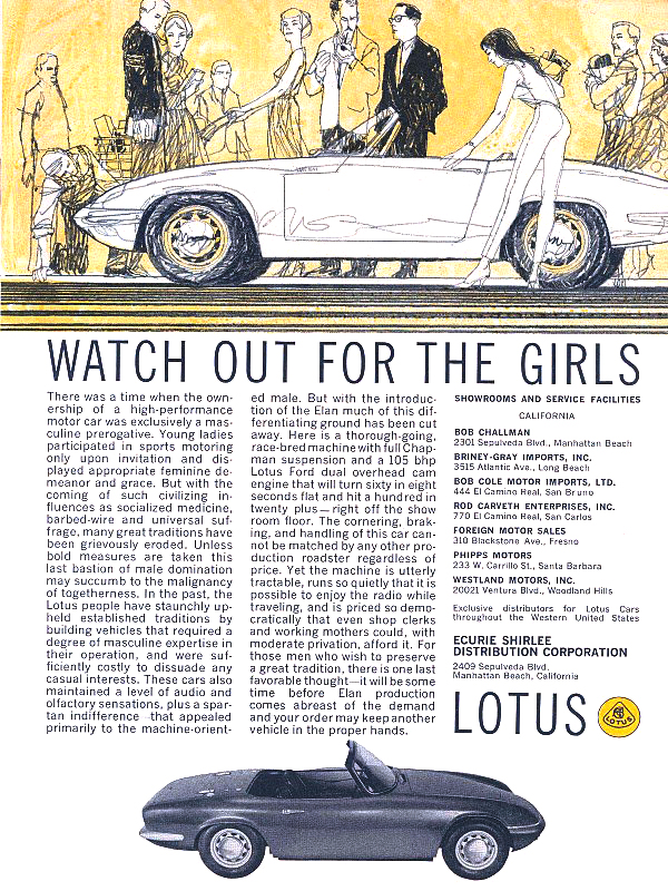 Lotus Elan Roadster Ad (March, 1964) - Watch out for the girls