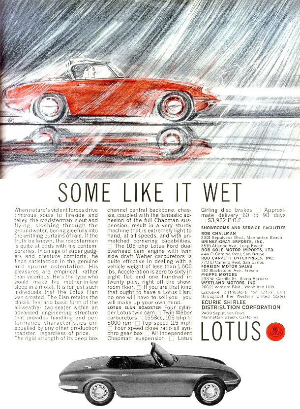 Lotus Elan Roadster Ad (1964) - Some like it wet