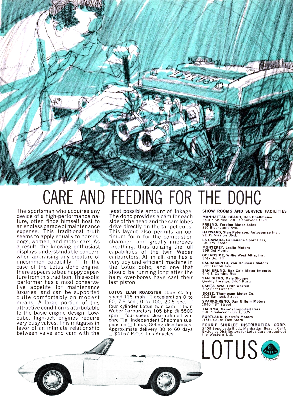 Lotus Elan Roadster Ad (February, 1965) - Care and feeding for the DOHC