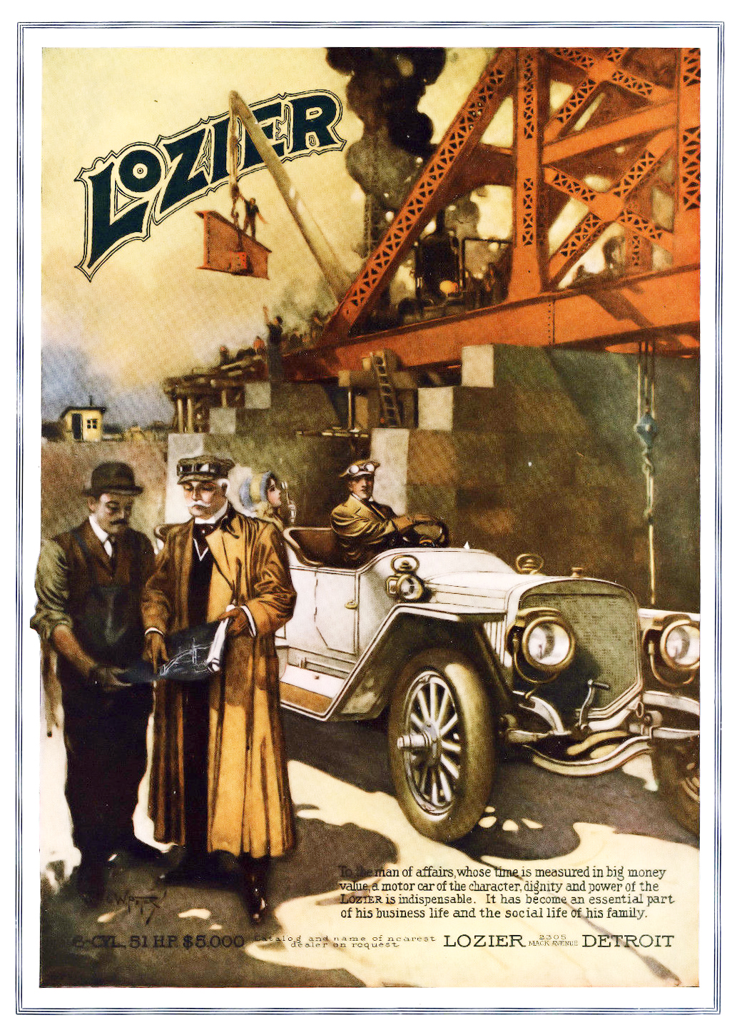 Lozier Touring Car Ad (1912): Left-handed car - To the man of affairs, whose time is measured in big money value... - Illustrated by G.W.Peters